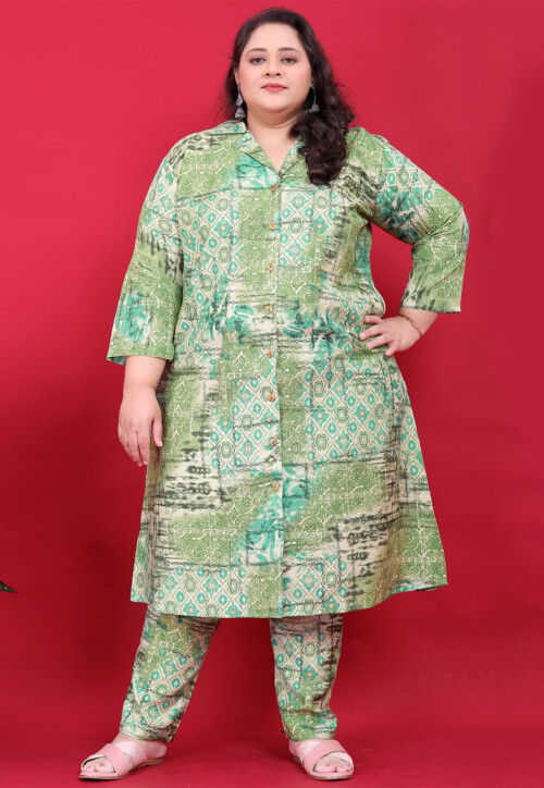 Digital Printed Rayon A Line Kurta Set in Light Green