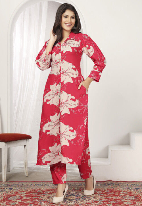 Digital Printed Rayon A Line Kurta Set in Pink