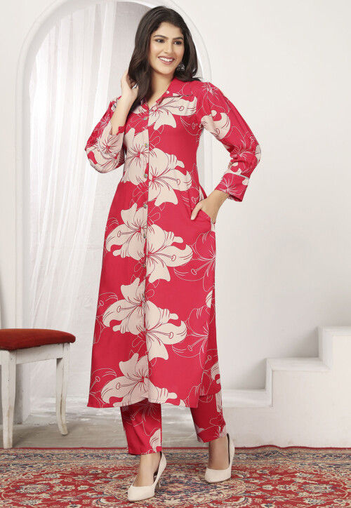 Digital Printed Rayon A Line Kurta Set in Red