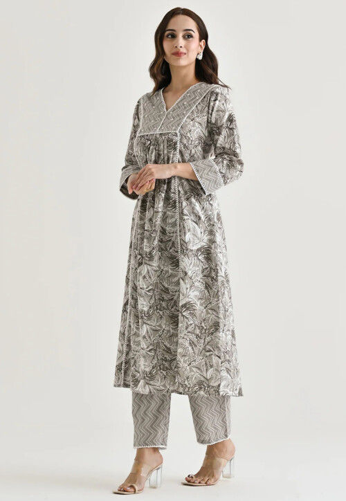 Digital Printed Rayon A Line Suit in Grey