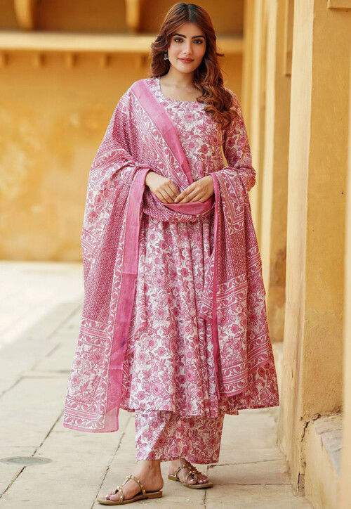 Buy Digital Printed Rayon A Line Suit in Off White and Pink Online ...
