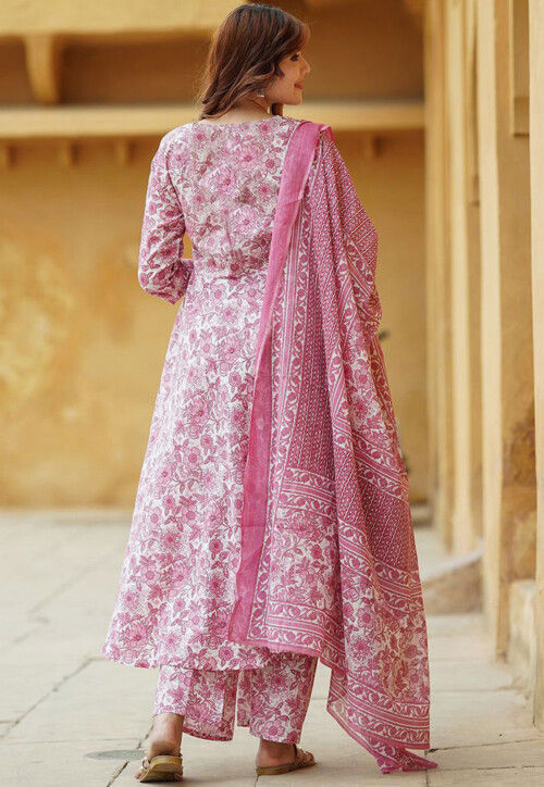 Buy Digital Printed Rayon A Line Suit in Off White and Pink Online ...