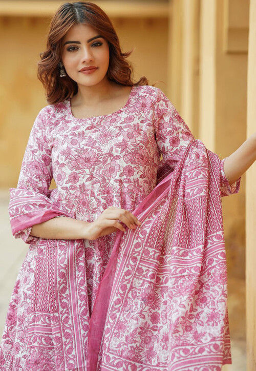 Buy Digital Printed Rayon A Line Suit in Off White and Pink Online ...