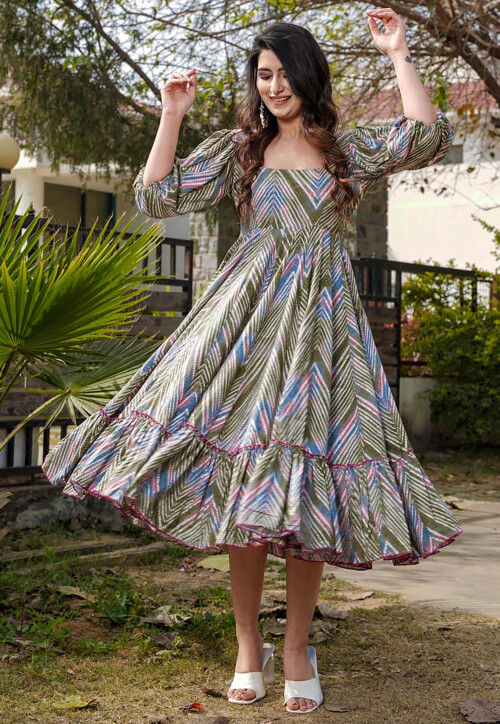 Digital Printed Rayon Aline Dress in Olive Green