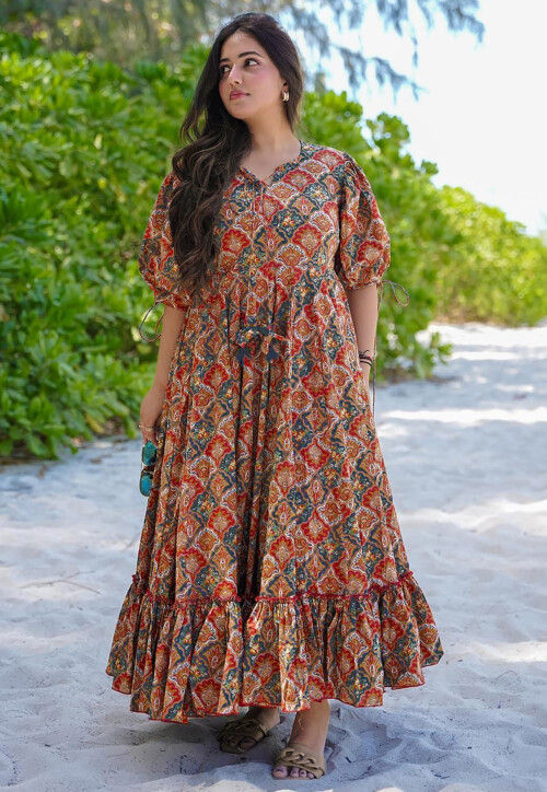 Digital Printed Rayon Aline Dress in Red and Green