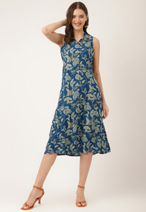 Digital Printed Rayon Button Down Dress in Blue