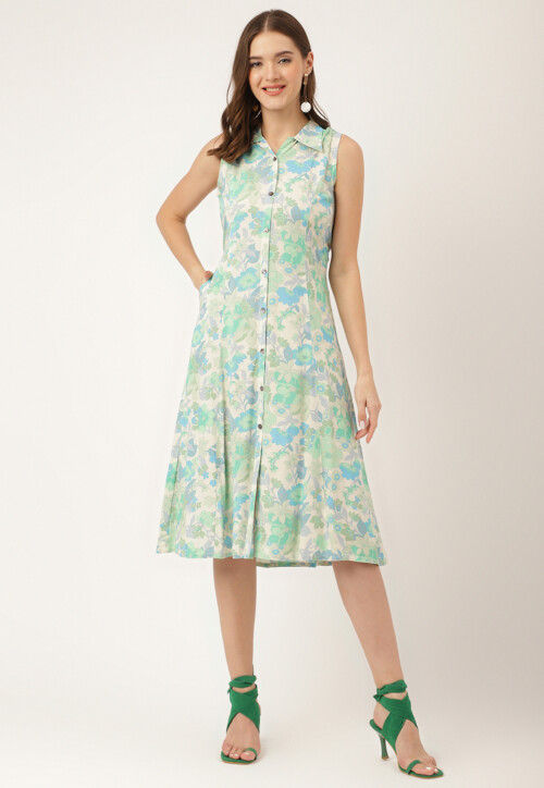 Digital Printed Rayon Button Down Dress in Cream