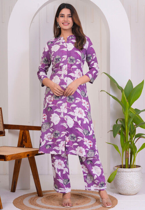 Digital Printed Rayon Co Ord Set in Purple