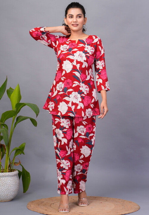 Digital Printed Rayon Co Ord Set in Red