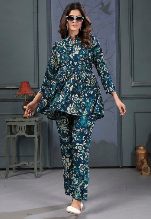 Digital Printed Rayon Co Ord Set in Teal Blue