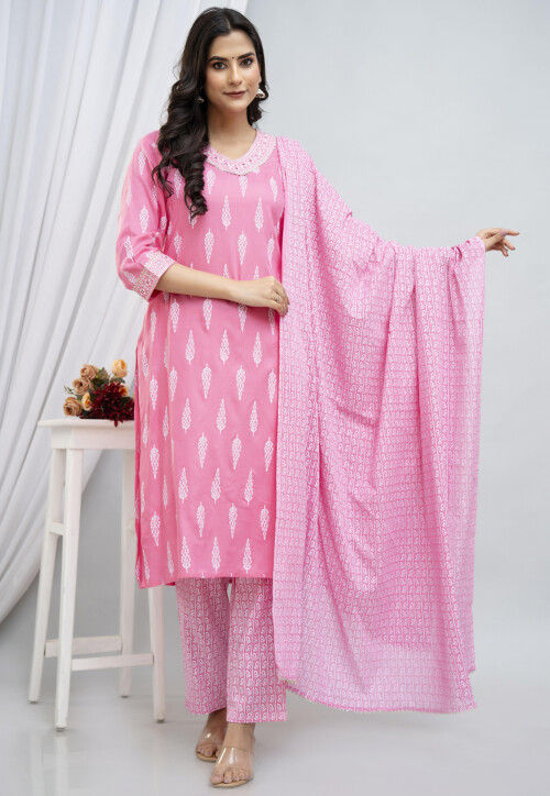 Digital Printed Rayon Cotton Pakistani Suit in Baby Pink