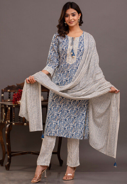 Digital Printed Rayon Cotton Pakistani Suit in Off White and Blue