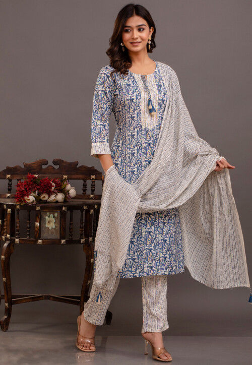 Digital Printed Rayon Cotton Pakistani Suit in Off White and Blue