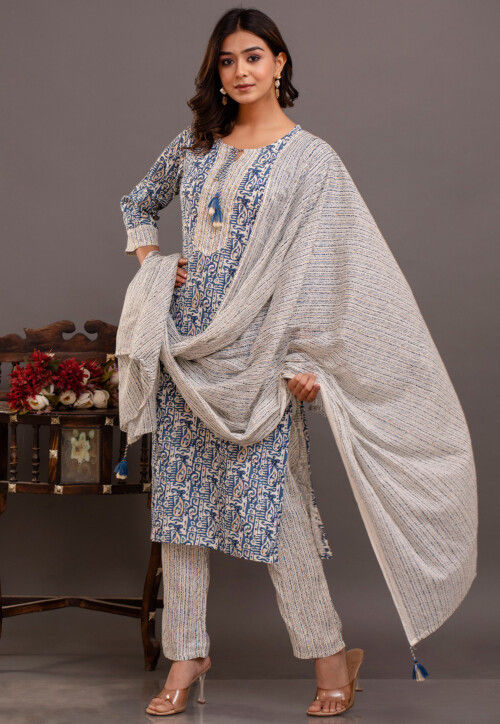 Digital Printed Rayon Cotton Pakistani Suit in Off White and Blue