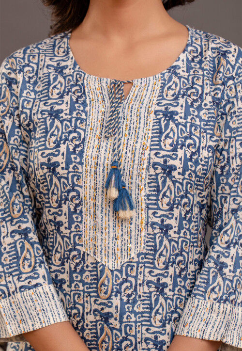 Digital Printed Rayon Cotton Pakistani Suit in Off White and Blue