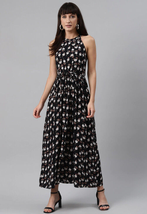 Digital Printed Rayon Dress in Black