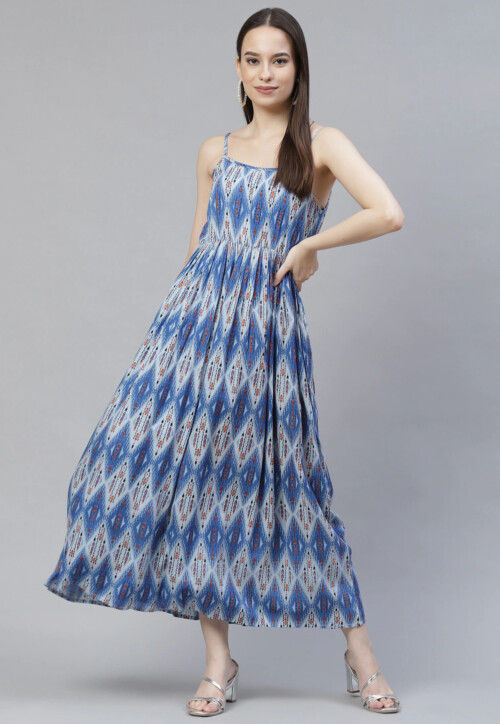Digital Printed Rayon Dress in Blue