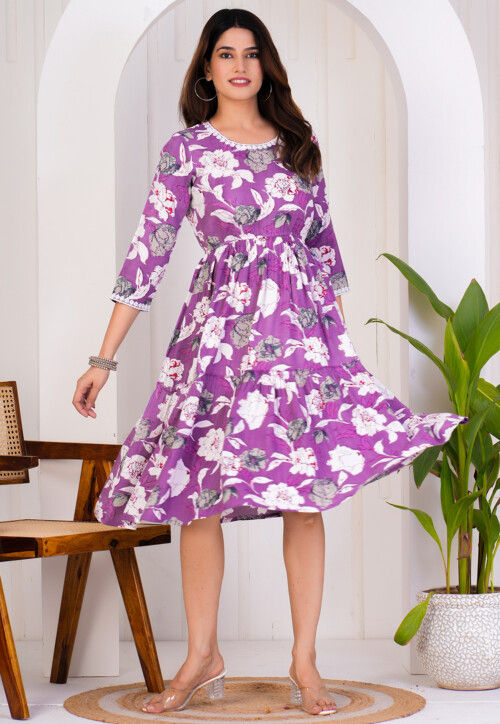 Digital Printed Rayon Dress in Purple