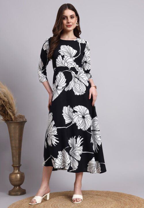 Buy Digital Printed Rayon Fit N Flare Dress in Black Online : TBF806 - Utsav Fashion Buy Digital Printed Rayon Fit N Flare Dress in Black Online : TBF806 - Utsav Fashion