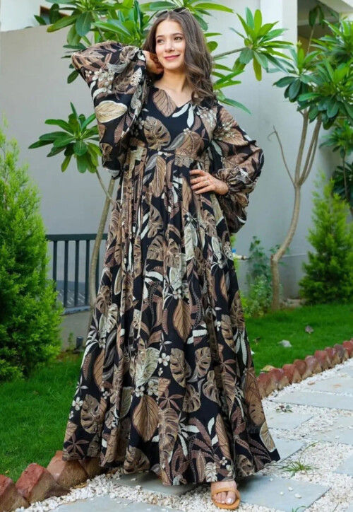 Digital Printed Rayon Gown in Black
