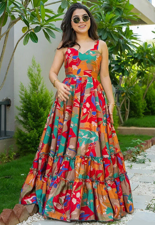 Digital Printed Rayon Gown in Multicolor