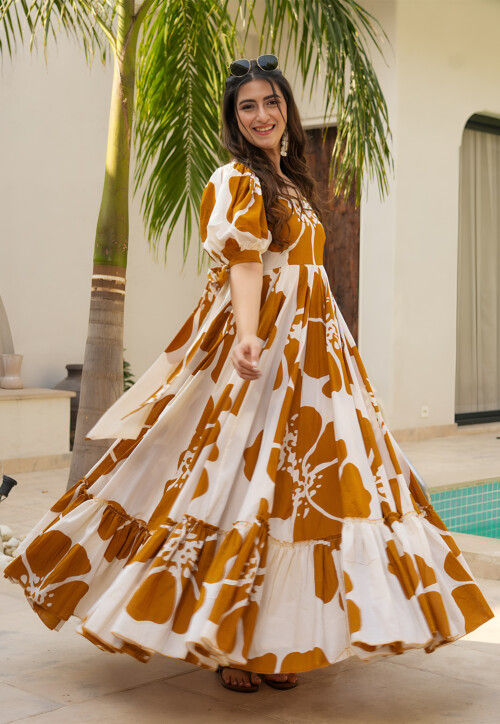 Digital Printed Rayon Gown in Off White