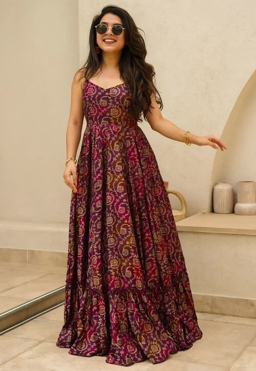 Digital Printed Rayon Gown in Wine