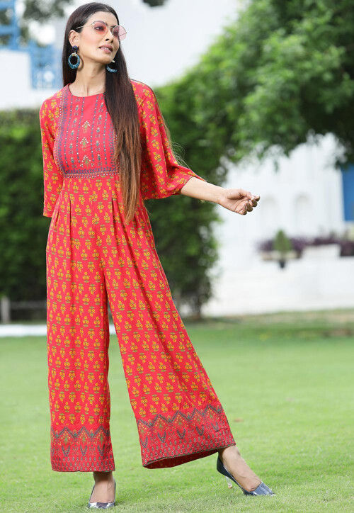 Buy Digital Printed Rayon Jumpsuit in Coral Red Online TJW2443 Utsav Fashion