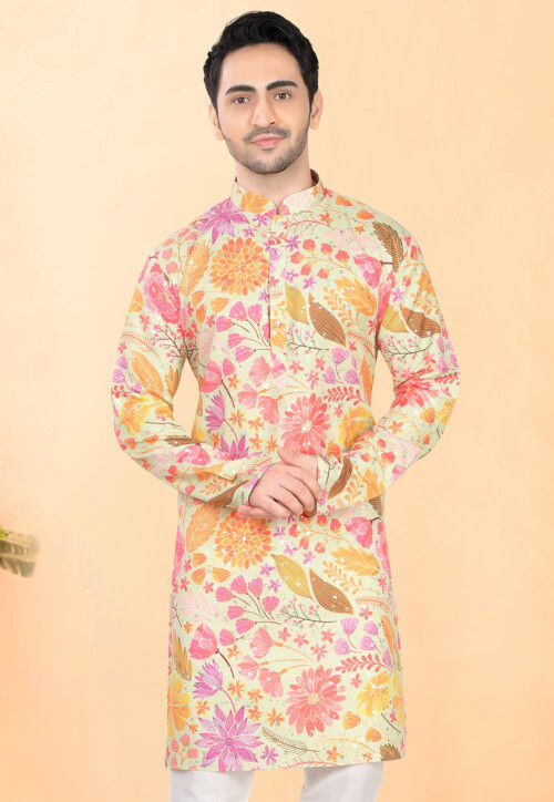 Digital Printed Rayon Kurta in Beige
