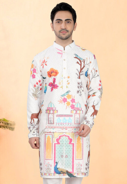 Digital Printed Rayon Kurta in Off White