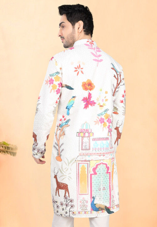 Digital Printed Rayon Kurta in Off White