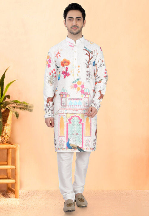 Digital Printed Rayon Kurta in Off White