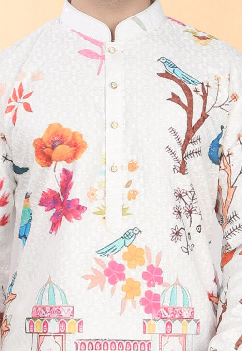 Digital Printed Rayon Kurta in Off White