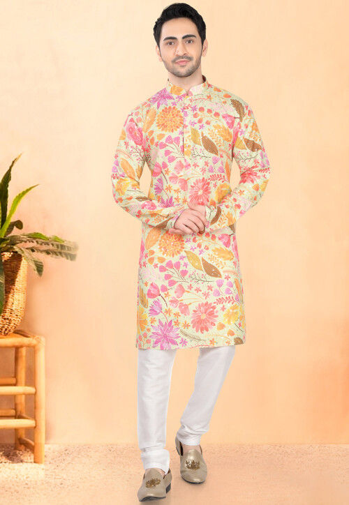 Digital Printed Rayon Kurta Set in Beige