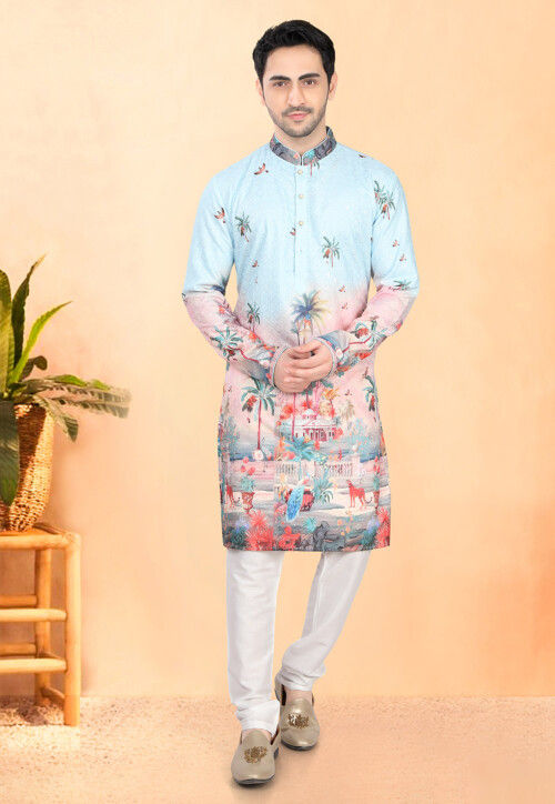 Digital Printed Rayon Kurta Set in Light Blue
