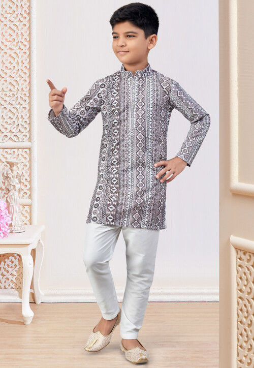 Digital Printed Rayon Kurta Set in Off White and Grey