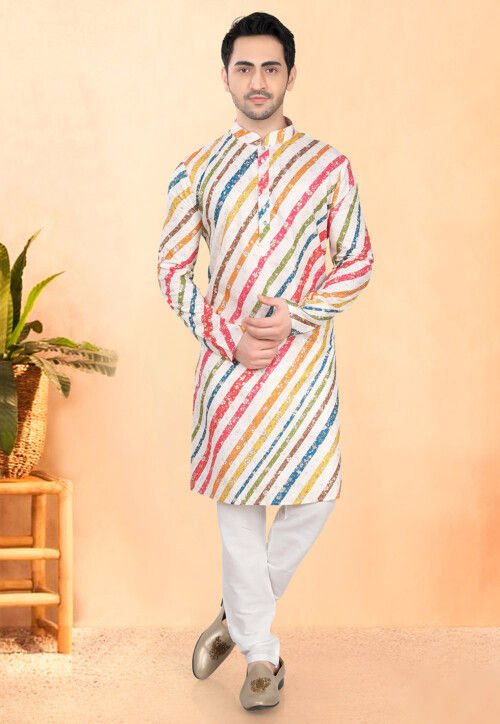 Digital Printed Rayon Kurta Set in Off White and Multicolor