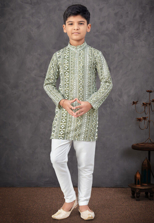 Digital Printed Rayon Kurta Set in Olive Green