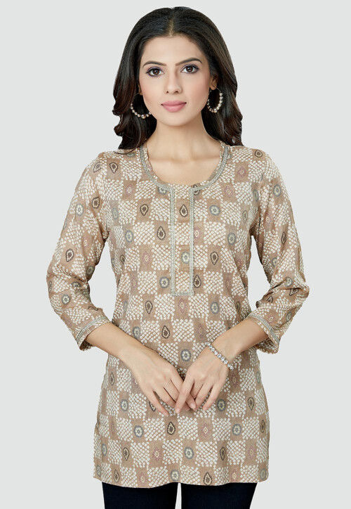 Digital Printed Rayon Kurti in Beige