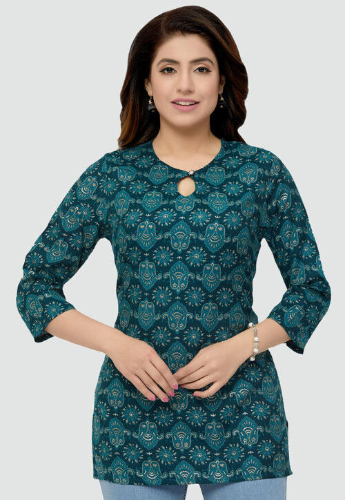 Digital Printed Rayon Kurti in Teal Blue