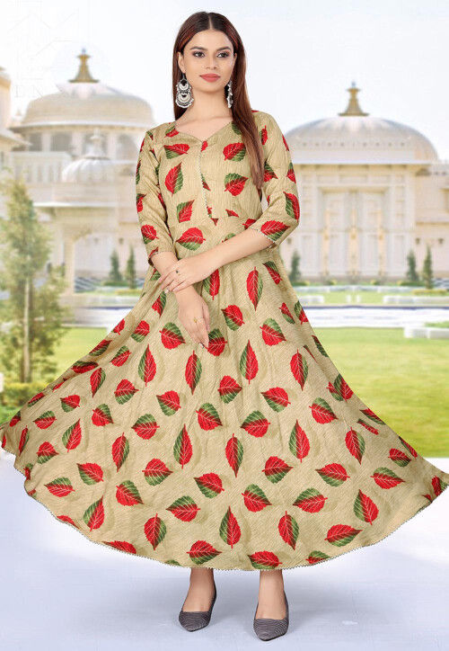Digital Printed Rayon Long Kurta in Beige