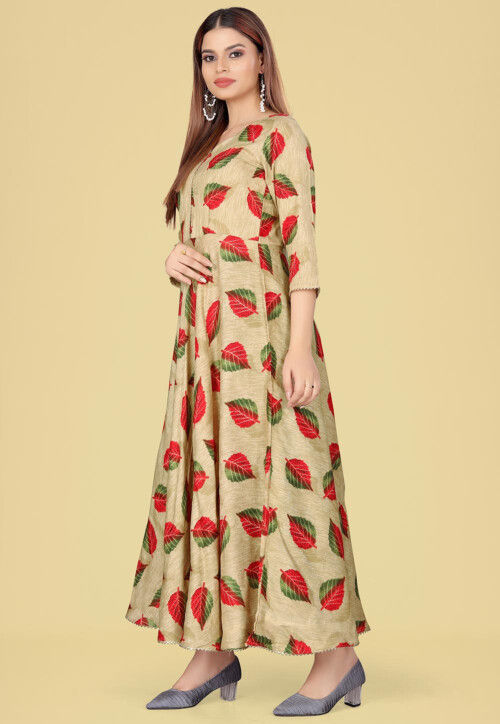 Digital Printed Rayon Long Kurta in Beige