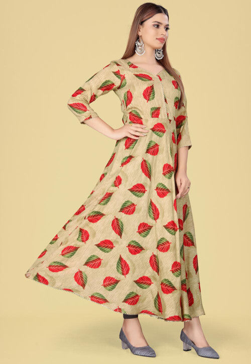 Digital Printed Rayon Long Kurta in Beige