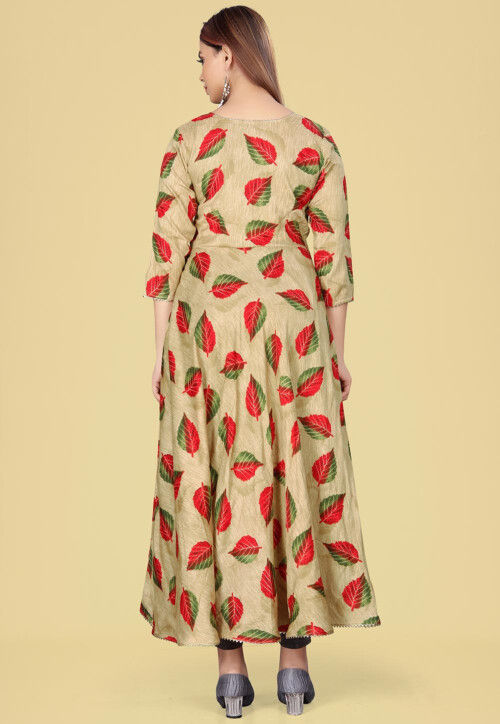 Digital Printed Rayon Long Kurta in Beige