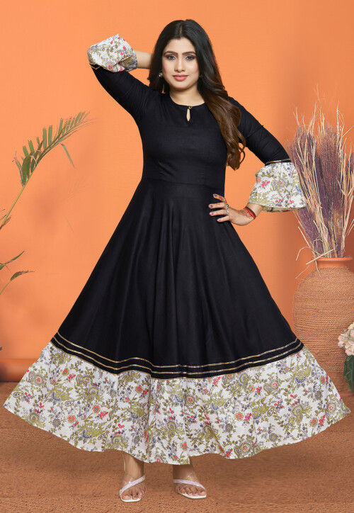 Digital Printed Rayon Long Kurta in Black