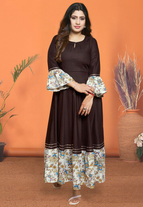 Digital Printed Rayon Long Kurta in Brown