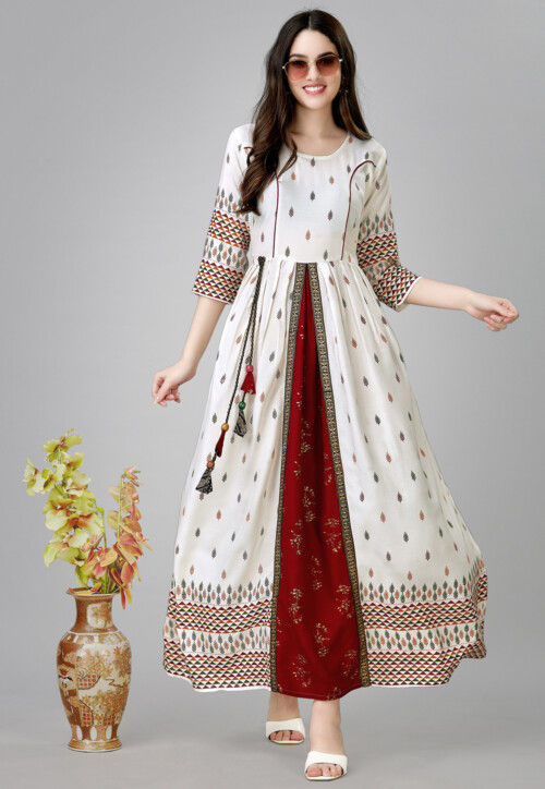 Digital Printed Rayon Long Kurta in Off White