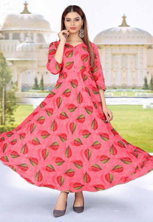 Digital Printed Rayon Long Kurta in Peach
