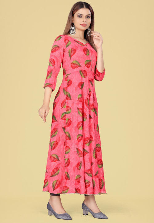 Digital Printed Rayon Long Kurta in Peach