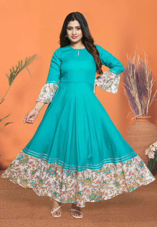 Digital Printed Rayon Long Kurta in Sky Blue